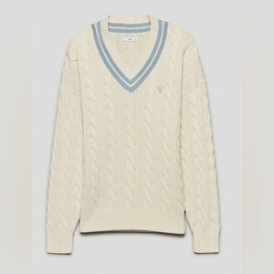 TNA Clay Sweater Off-White and Blue Cable Knit V-Neck Sweater, Medium